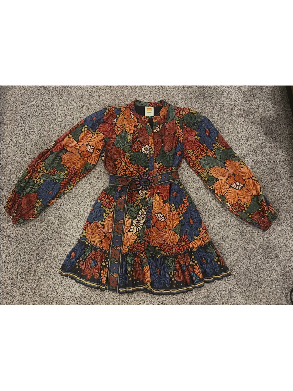 FARM RIO Stitched Flowers Belted Long Sleeved Mini Shirtdress Sz Med - Picture 7 of 8